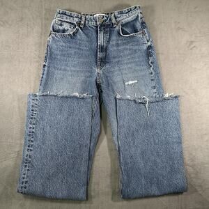 Zara Jeans Blue Women’s 6 Distressed Denim Straight Raw Hem Frayed Casual